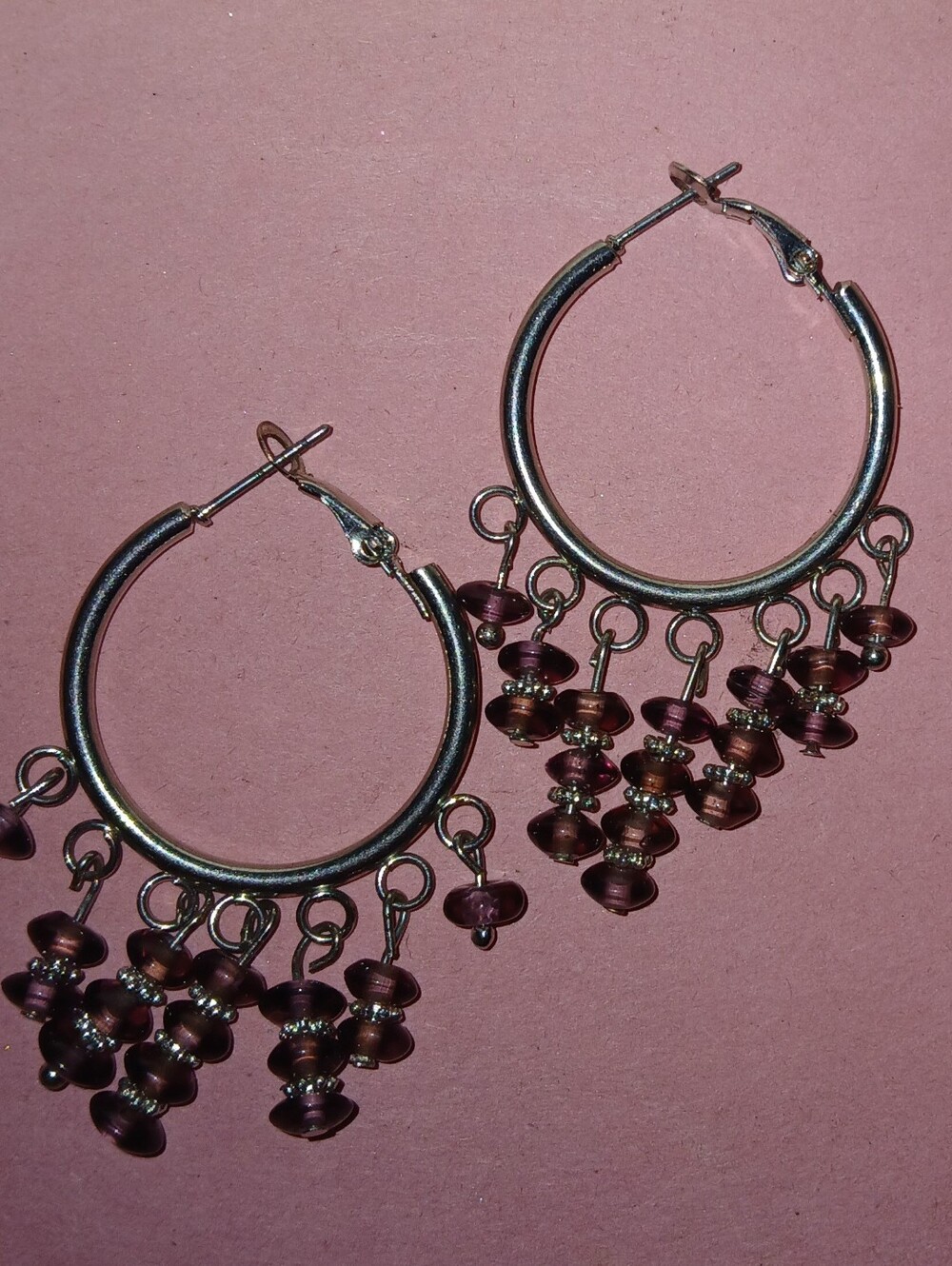 Hand Crafted Silver Hoop Earrings with Purple Bead Drops